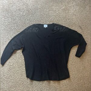 Black V-Neck Sweater with Studded Shoulders